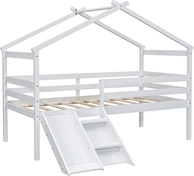 Twin Size Low Loft Bed with Slide and Ladder for Kids Boys Girls, Solid Wood House Roof Loft Bed Frame with Safety Guardrails, Sturdy Slat Support (White-50)