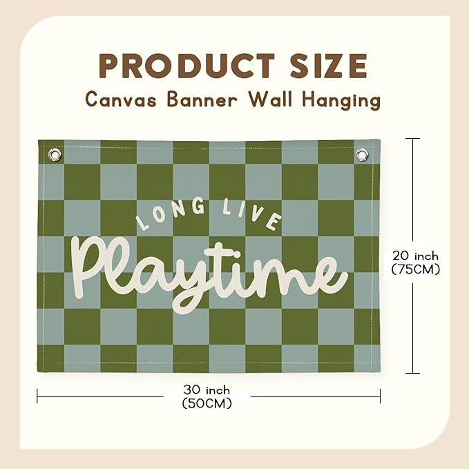 Playroom Decor Long Live Playtime Banner, Green And Blue Checkered Pattern Banner Linen Hanging Banner Flag for Nursery Toddler Room, Boys Girls Kids Room Decor,Classroom Decorations 30x20