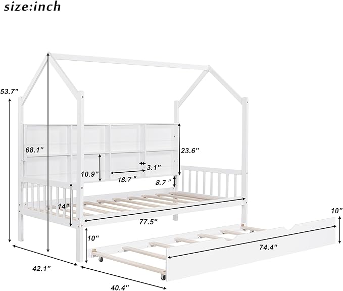 Harper & Bright Designs Twin House Bed with Trundle, Wood Kid Beds with Storage Shelves, Twin Platform Bed for Kids, Teens, Solid Wood Structure & House-Shaped, White