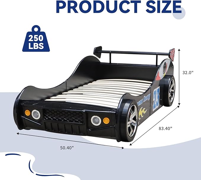 Race Car Twin Bed Frames for Kids, Wood Car-Shaped Bed Frame with Wheels LED Lights & Slat Support for Toddler, Teens, Boys or Girls (Race Car-Black)