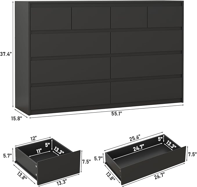 Black Malm Dresser for Bedroom, 55" Wide 37" Tall Dresser with 10 Drawers, Modern Large Wood Chest of Drawer Handle Free, Living Room, Entryway, Hallway, Black