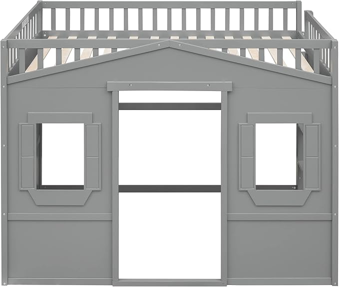 Full Size Loft Bed with Safety Guardrail for Kids Boys Girls, Playhouse Design Solid Wood Loft Bed Frame with Ladder and Windows, Strong Wood Slats Support, Space-Saving (Gray)