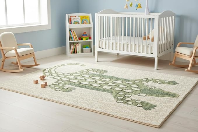 Hand-Tufted Wool Area Rug - Playful Alligator Design (3x5 Ft) - Soft & Plush Texture - Beige and Green - Luxury Accent Rug for Bedroom, Living Room, Nursery, and Playroom