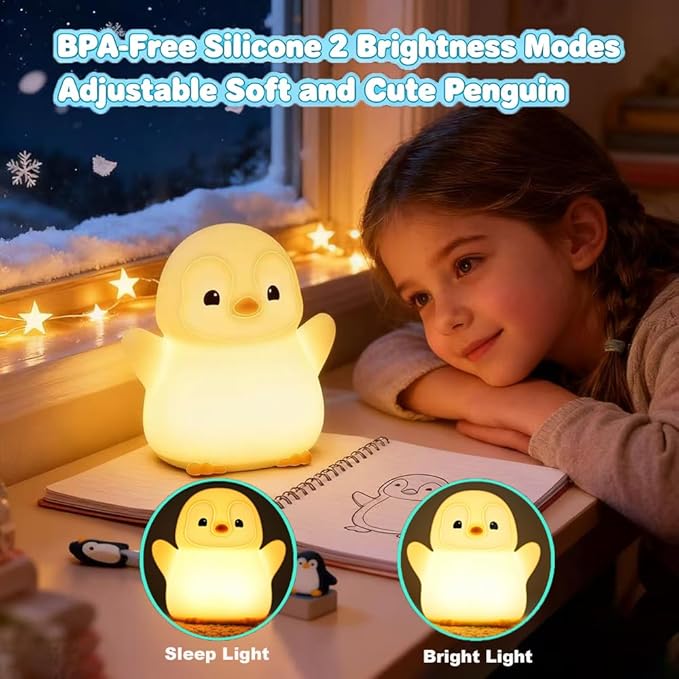 Cute Penguin Night Light for Kids Bedroom, Animal Silicone Nursery Night Lamp Touch Control Nightlights USB Rechargeable Bedside Lamp for Baby Children Toddlers Girls Gift