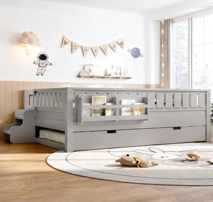 Bellemave Full Size Kids Bed with high Rails and with Built-in Bookshelf and Trundle for Kids, Girls, Boys, Wood Montessori Bed Without Door, Gray