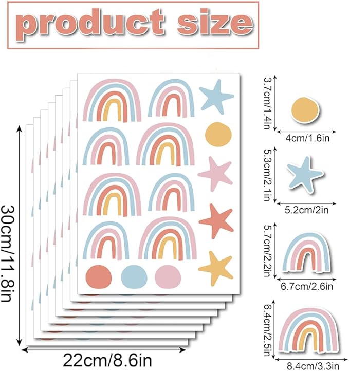 Rainbow, Stars & Dots Wall Decals for Kids Room – 160 PCS Pastel Boho Peel & Stick Waterproof Vinyl Wall Decor Stickers, 10 Sheets Removable Nursery, Bedroom & Playroom Decor(Style A)
