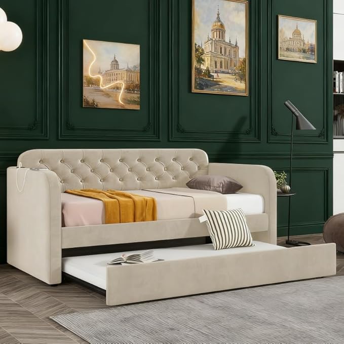 Bellemave Twin Upholstered daybed with Trundle and USB Charging, Velvet Tufted Sofa Bed Twin Size, daybed with Trundle for Adults, Kids, Girls, Teens, for Living Room, Light Beige