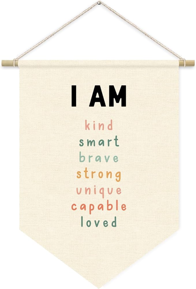 Affirmations Wall Hanging Art for Kids, Nursery Decor, I am Enough, Classroom Decor Canvas Banner, I am Kind Smart Loved, Kids Affirmations Nursery Wall Art Canvas Hanging Pennant Flag Banner