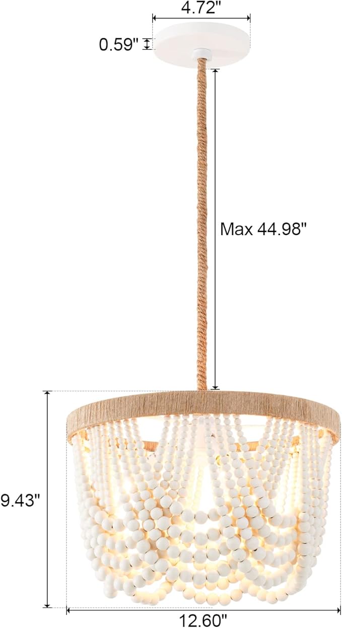 VILUXY Bohemia Wood Beaded Pendant Lights Antique Rustic Mini Chandelier White Finishing for Bedroom, Nursery Room, Girl Room, Hallway, Entryway, Passway, Dining Room, 3-Light