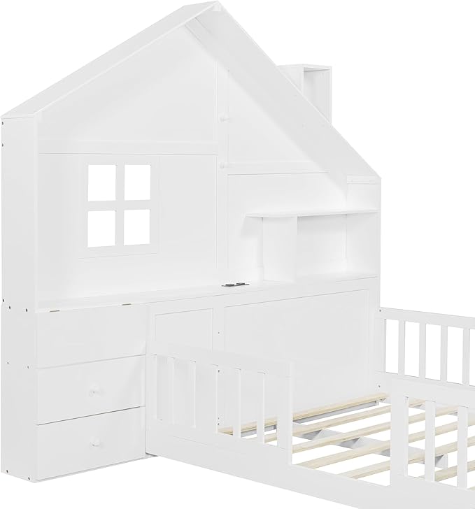 Full Size Kids Floor Bed with Safety Fence, Solid Wood Montessori Platform Bed with House Shape Headboard with Bedside Drawers, Shelves, Sockets and USB Port for Kids Boys Girls (White-LF)