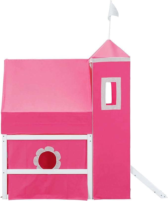 Polibi Castle Loft Bed with Slide & Tent and Tower, Playhouse Design Spacious Under Bed Space with Curtains, Wood Tent Bed Frame for Kids Boys Girls (Pink, Twin)