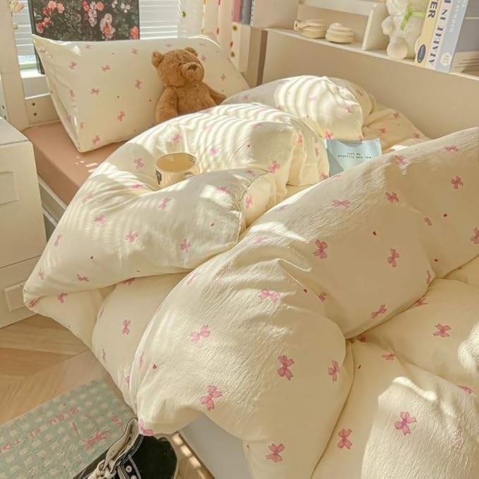 Bow Duvet Cover Queen Size Pink Bowknot Duvet Cover Set with Heart Printed 3 Pcs Kids Boys Girls Princess Style Cute Bows Reversible Bedding Set with Zipper Closure