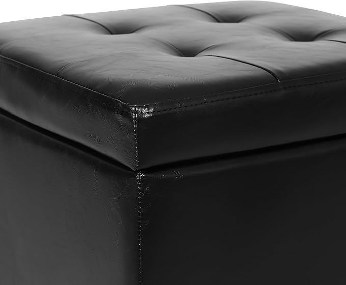 Adeco Black Faux Leather Storage Ottoman Bench with Solid Wood Legs, 18.8" Square Black PU Cube Foot Stool, Upholstered Button Tufted Vanity Chair with Hinged Lid for Living Room, Bedroom, Dorm