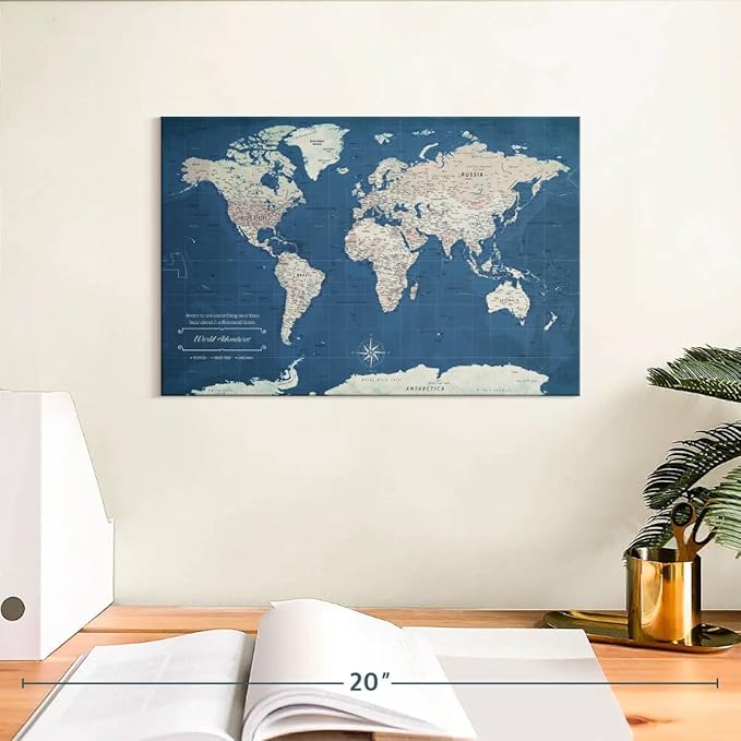 ElephantStock - World Adventures Push Pin Travel Map I Wall Art - Horizontal Canvas Wall Art - Living Room Wall Decor - Printmaking Map Canvas Art - Blue And Beige Decor - 12" x 8"