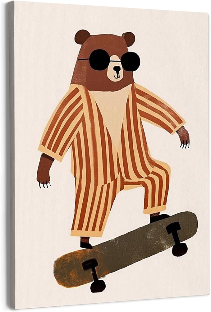 URLLUAE Trendy Sunglasses Bear Canvas Poster Prints 11x14 Inch, Woodland Animal Nursery Decor, Funky Skateboard Bear Animal Canvas Prints Wall Decor for Kids Room Nursery Playroom Classroom