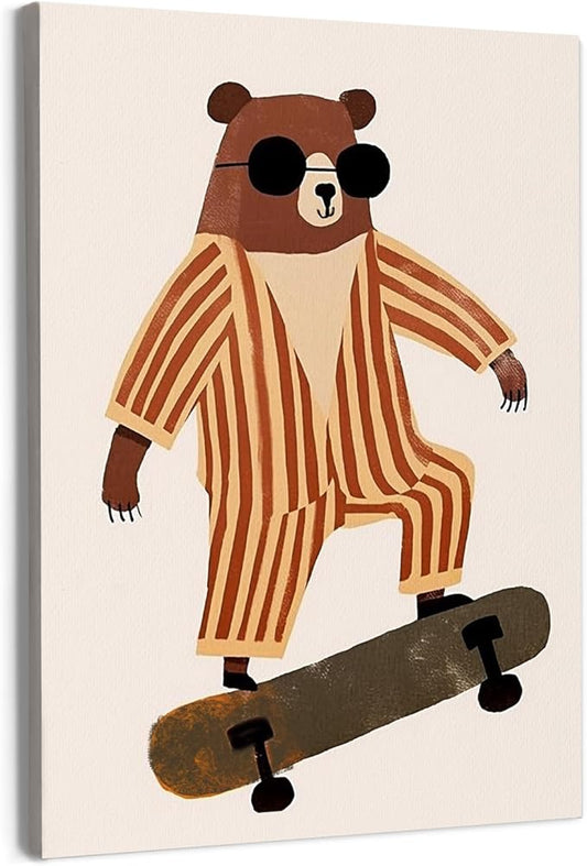 URLLUAE Trendy Sunglasses Bear Canvas Poster Prints 11x14 Inch, Woodland Animal Nursery Decor, Funky Skateboard Bear Animal Canvas Prints Wall Decor for Kids Room Nursery Playroom Classroom
