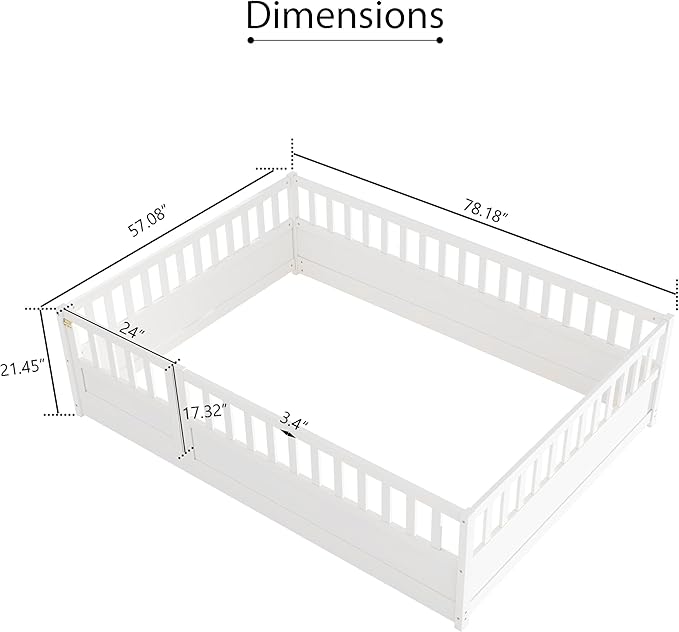 GDFStudio Full Size Floor Bed Frame with Door & Guardrails, Toddler Full Bed Frame for Boys Girls, Low to Floor Wooden Bed Rails for Toddlers, Montessori Floor Bed for Baby, No Support Slat, White