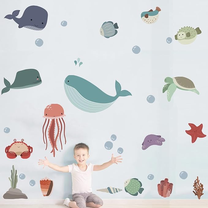 Sea Life Wall Decals Removable Vinyl Ocean Decor Stickers for Boys Girls Bedroom Bathroom Baby Room Nursery Classroom Decoration