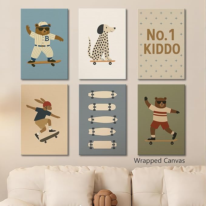 Skateboard Canvas Wall Art, Nursery Animal Sports Posters, Fashion Sunglasses Bear Athletes Pictures, No.1 Kiddo Inspirational Quote Print, Funny Skateboard Rabbit Dog Painting 8x12in Wrapped Canvas
