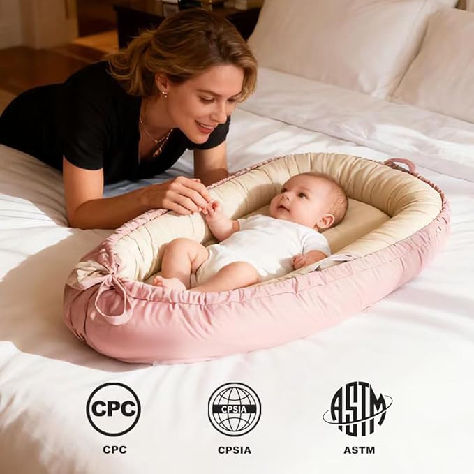 Baby Lounger, Baby Nest Cover for Baby, Reversible & Breathable Cotton, Adjustable Baby Floor Seat for Tummy Time, Portable Infant Lounger, Essentials for Newborns (Pink)