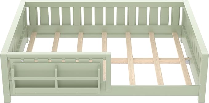 Bellemave Full Size Floor Bed with Slats and Safety Guardrail, Full Size Montessori Floor Bed with Fence and Built-in Bookshelf, Easy Assemble Montessori Beds for Kids, Girls, Boys, Green