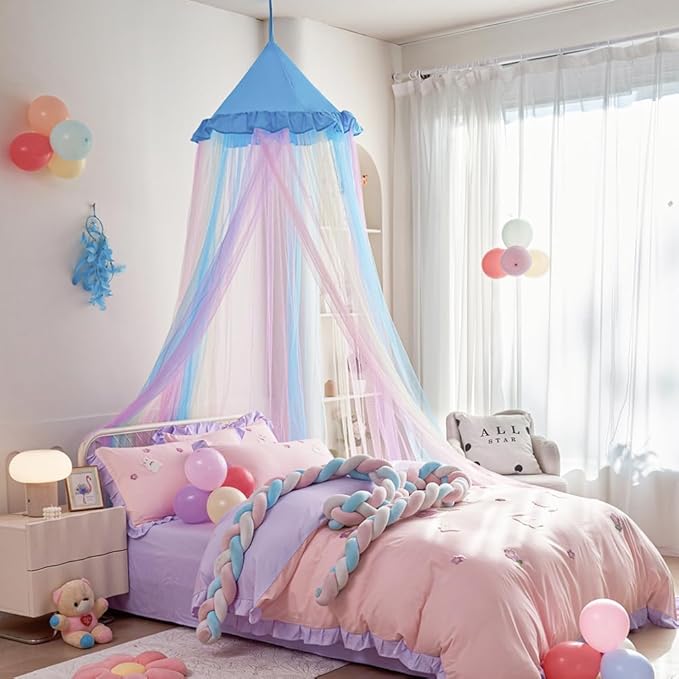 Kertnic Rainbow Bed Canopy for Girls Dreamy Mosquito Net for Bed Round Dome Princess Bed Canopy Girl Room Play Tent Kids Canopy Bed Netting Curtains (Single Layer- Blue)