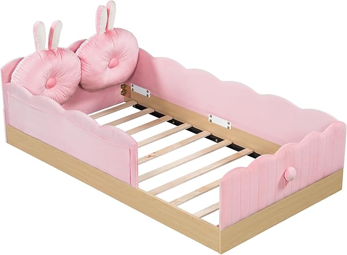 Twin Size Upholstered Platform Bed with Safety Guardrail and Cute Rabbit Ear Shaped Pillows, Velvet Fabric Montessori Kids Floor Bed with Pocket and Sturdy Slats Support (Pink-9.25)