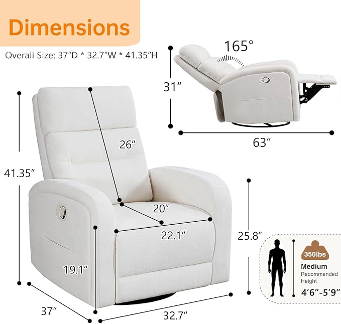 Swivel Rocker Recliner for Nursery, Upholstered Swivel Recliner Chairs, Glider Rocking Chairs Nursery Recliner, White Reclining Rocking Chairs for Living Room, Bedroom, Chenille Fabric