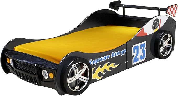 HMFULE Twin Bed Frames for Kids, Wood Race Car-Shaped Bed Frame Platform with Wheels LED Lights & Slat Support for Toddler, Teens, Boys or Girls, No Box Spring Needed (Black)