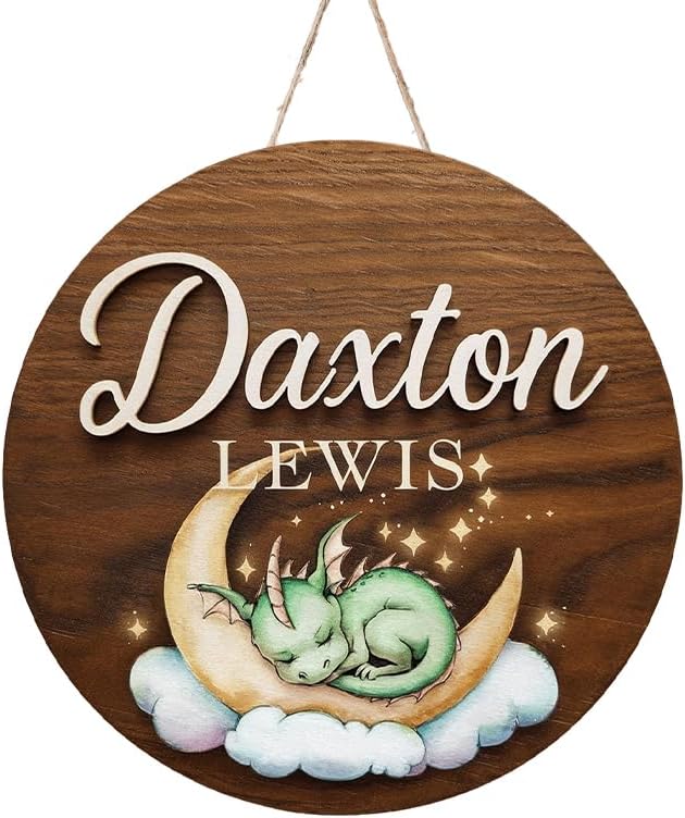 Personalized Baby Name Signs for Nursery, Green Dragon Sign for Baby Door Decor, Newborn Gifts for Boy, Boys Nursery Wall Bedroom Decorations, Mother's Day Gifts for New Mom Dad Gift