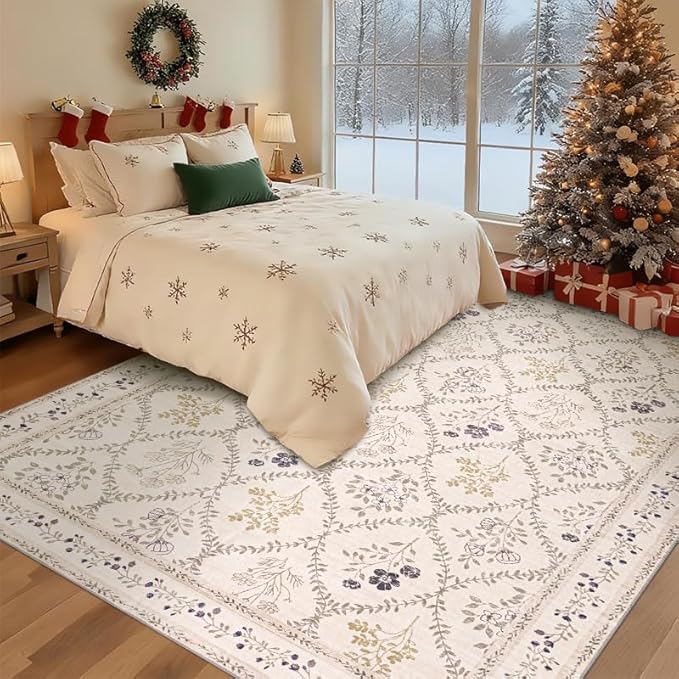 YIHOUSE 5x7 Washable Rug for Bedroom, Beige Floral Rugs for Living Room Non Slip Ultra-Thin Large Boho Rug for Kids Playroom, Classroom, Girls Dorm, Nursery, Beige Multi