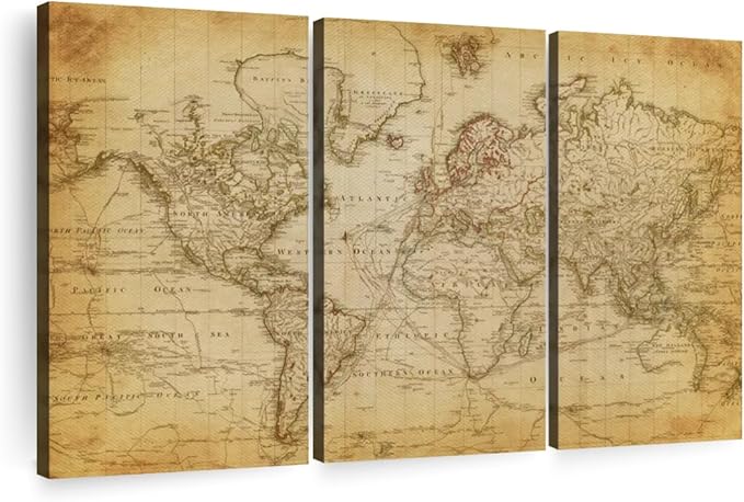 ElephantStock Old Century World Map Wall Art Multi Piece Canvas - 3 Piece Canvas World Map Wall Decor - Ready-to-Hang Print - Vintage Wall Art - 50" X 32"