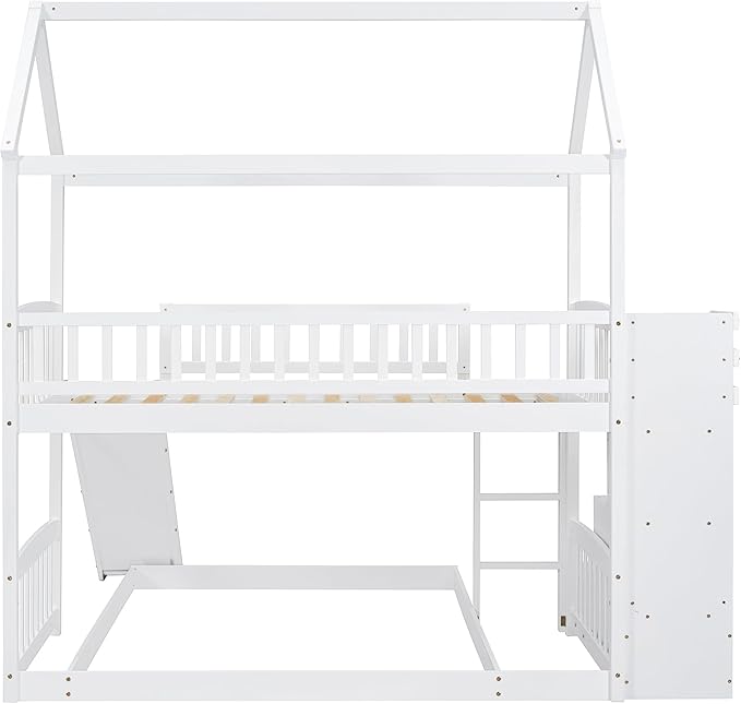 MERITLINE Twin Over Full L Shaped Bunk Bed for 2,Solid Wood House Floor Bunk Bed with Slide and Storage Stairs,No Box Spring Needed (White)