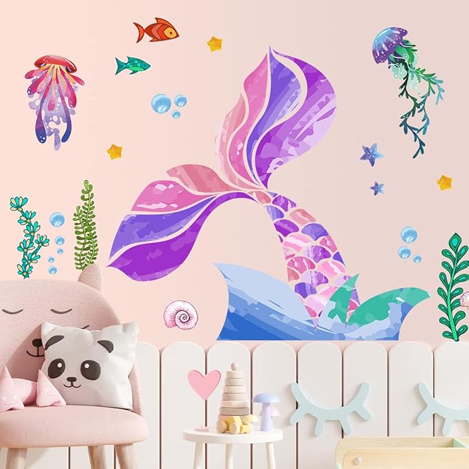 LiveGallery Removable 3D Under The Sea Rainbow Colorful Mermaid Tail Blisters Wall Sticker DIY Ocean Fish Jellyfish Seaweed Wall Decal Decor for Kids Girls Princess Room Bedroom Living Room