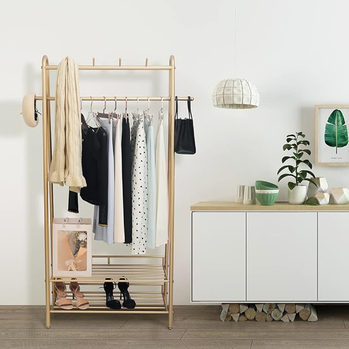 Gold Clothing Rack Freestanding Industrial Garment Rack with Double Shelves Heavy Duty Metal Modern Clothes Rack Stand Multi-functional Coat Hanger Rack Stand for Boutiques Bedroom