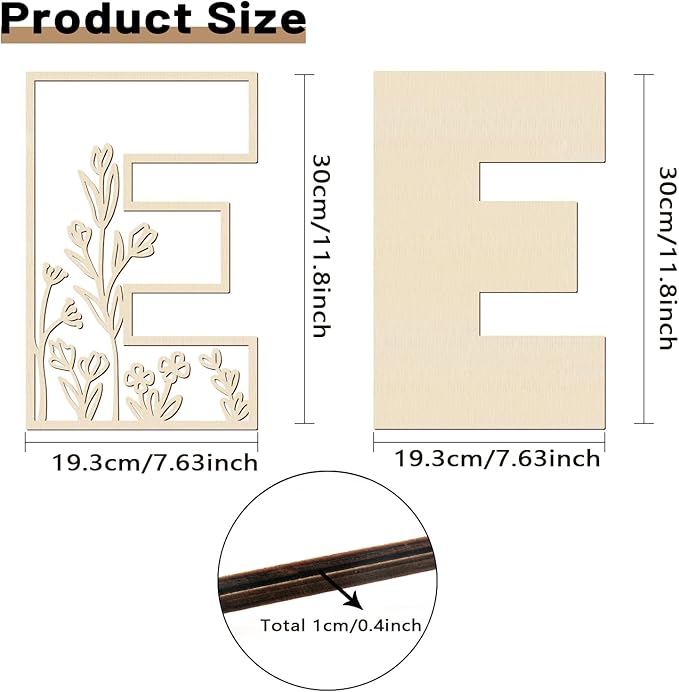 Layered 12 Inch Large Wooden Letters for Wall Decor, Flowered Paintable Wooden Nursery Letters for Crafts Wood Alphabet Letter E for Birthday Boho Nursery Name Sign Wedding Home Decoration