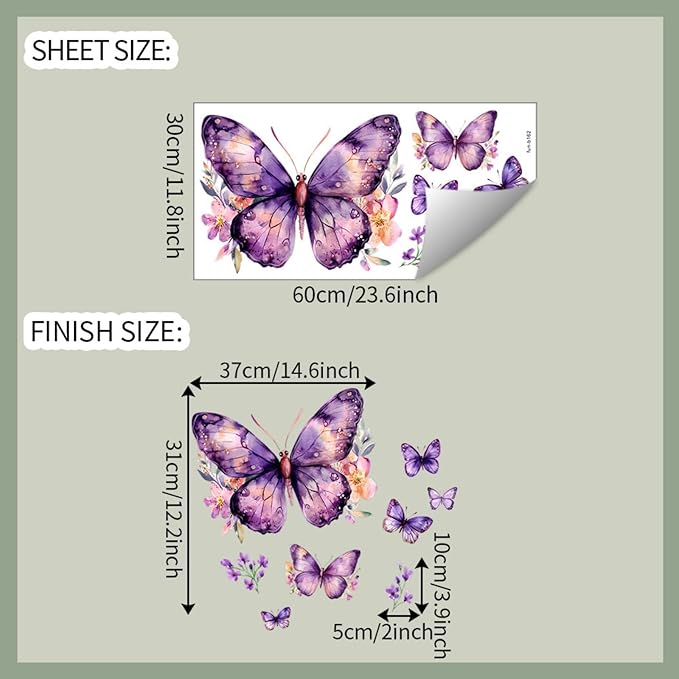 Purple Butterflies Wall Stickers Pink Flower Wall Decals, Removable Peel and Stick Wall Art Murals for Girls & Boys Bedroom,Nursery Bathroom Playroom Living Room