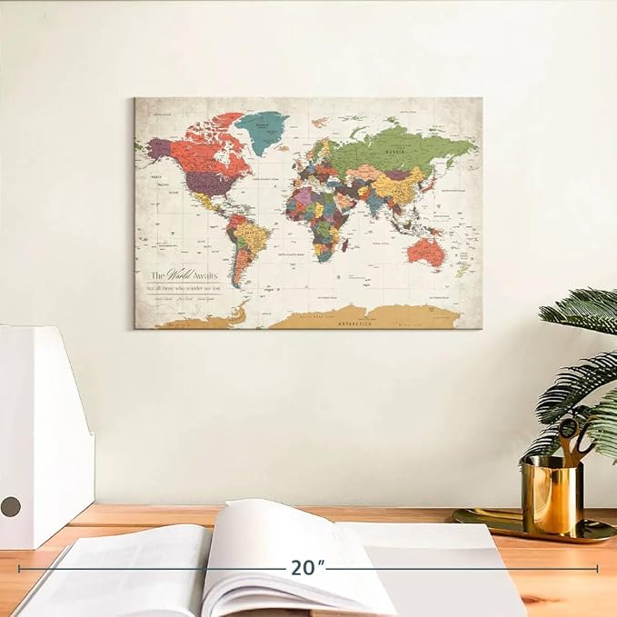 ElephantStock - Personalized World Awaits II Push Pin World Map Wall Art - Horizontal Canvas Wall Art - Living Room Wall Decor - Digital Art Map Canvas Art - Green And Beige Decor - 12" x 8"