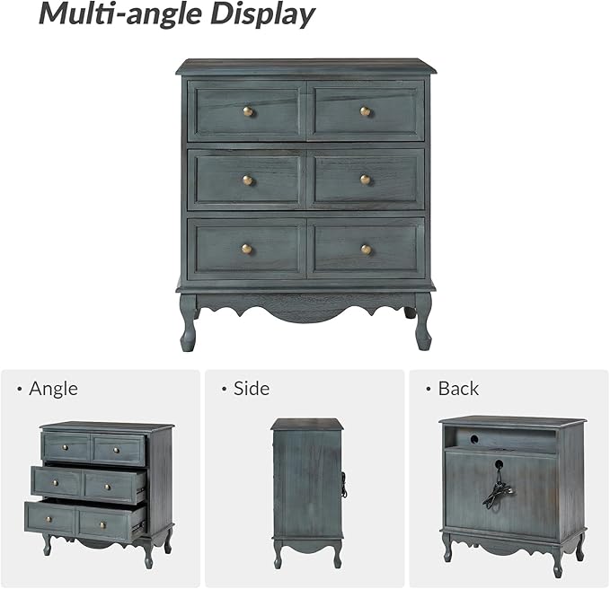 HULALA HOME 3-Drawer Nightstand with Charging Station, Drawer Organizer with Wood Legs, Farmhouse Solid Wood Nightstand(Blue)
