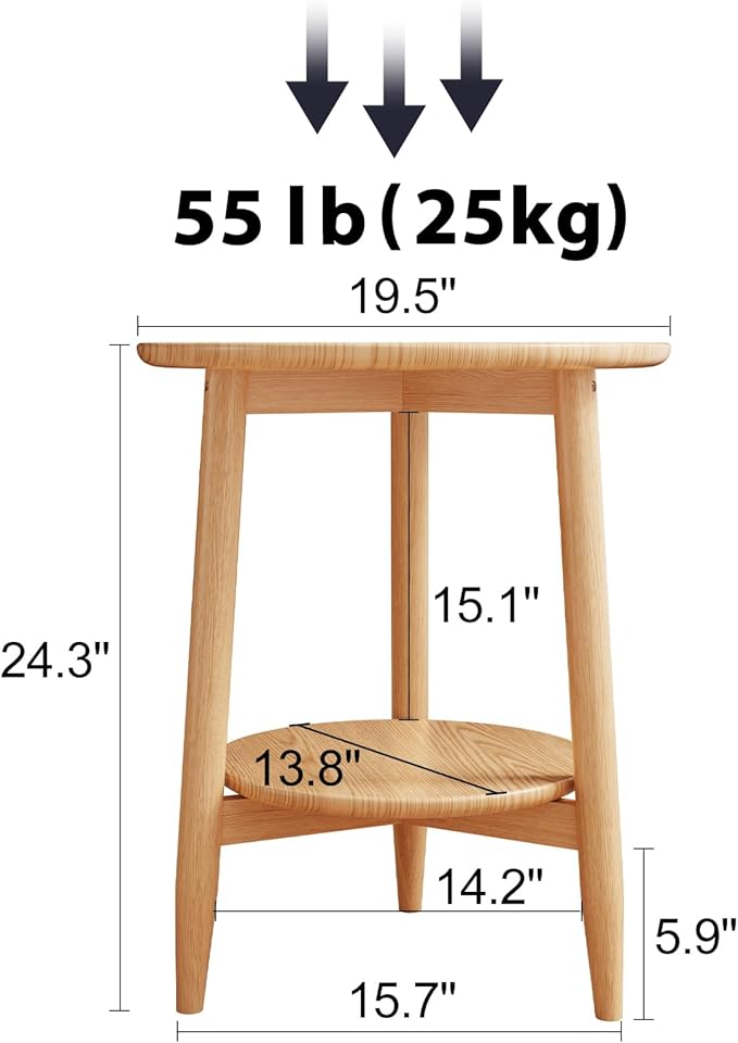 Round End Table,Solid Wood Small Round Table with Lower Shelf,Round Side Table，Nightstand for Small Spaces,Living Room,Bedroom(Natural)