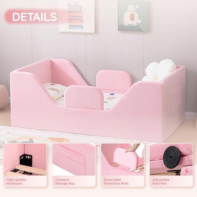 Toddler Floor Bed with Removable Safety Rails and Storage Bag, Kids Bed for Girl and Boys, Standard Crib Size, Safety Upholstered Child Beds, Low to Floor Design