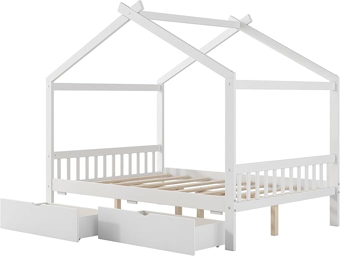 Harper & Bright Designs Full Size House Bed Frame for Kids, Wood Playhouse Platform Bed Frame with Two Drawers and Fence, Roof Design, White