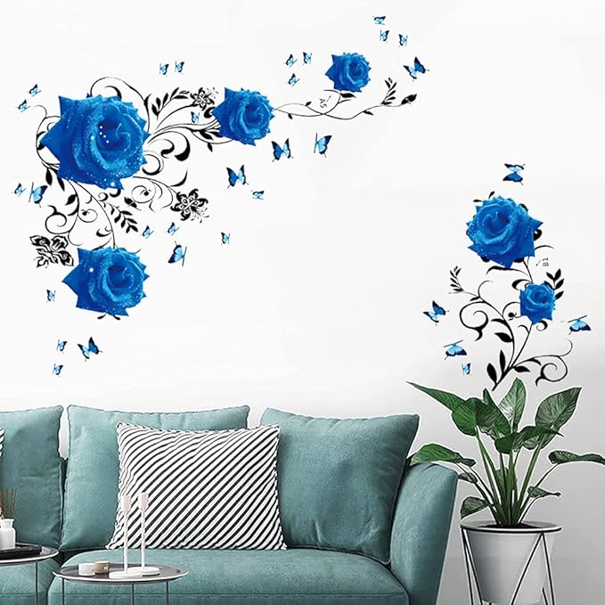Supzone Blue Rose Wall Stickers Rose Flower Vine Wall Decal Blue Peony Floral Wall Decor DIY Vinyl Mural Art for Bedroom Living Room Sofa Backdrop