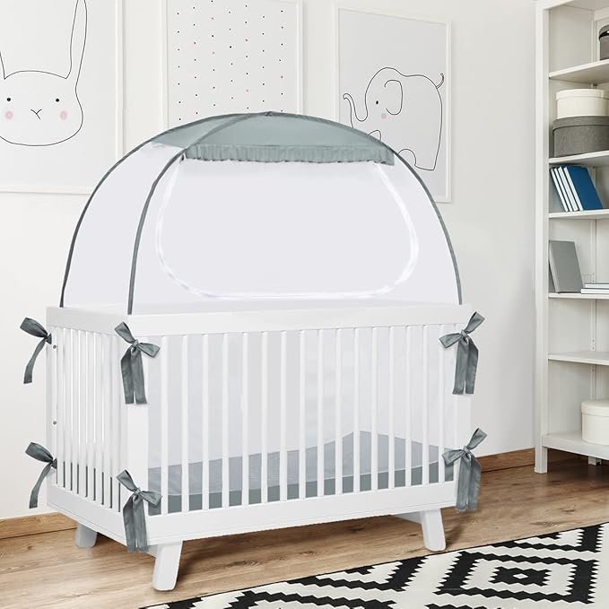 Baby Crib Tent, Pop Up Crib Canopy to Keep Baby from Climbing Out, Safety Crib Net Mosquitoes Net with See-Through Mesh, Fits Most Standard Cribs