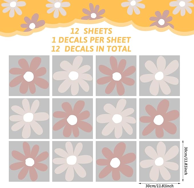 TaoBary 12 Sheets Daisy Wall Decal Flower Wall Sticker Cute Daisy Sticker Pink White Flower Decal Peel and Stick Floral Wallpaper for Nursery Bedroom Home Decor(Grey Color,Simple Style)