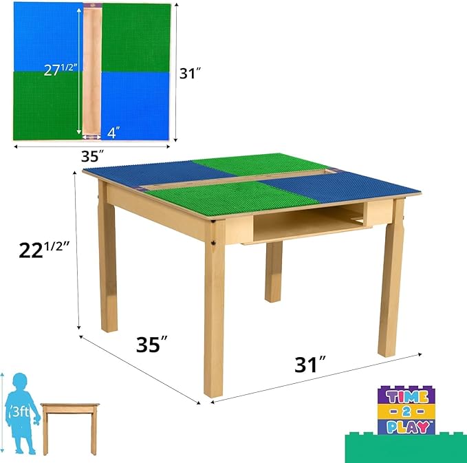 Contender Time-2-Play 35" x 31"Hardwood Blue & Green Lego Compatible Table with Trough and Shelf, Solid Wood Toddlers Activity Desk Playroom, Daycare, Or Preschool [ 22" Long Legs]