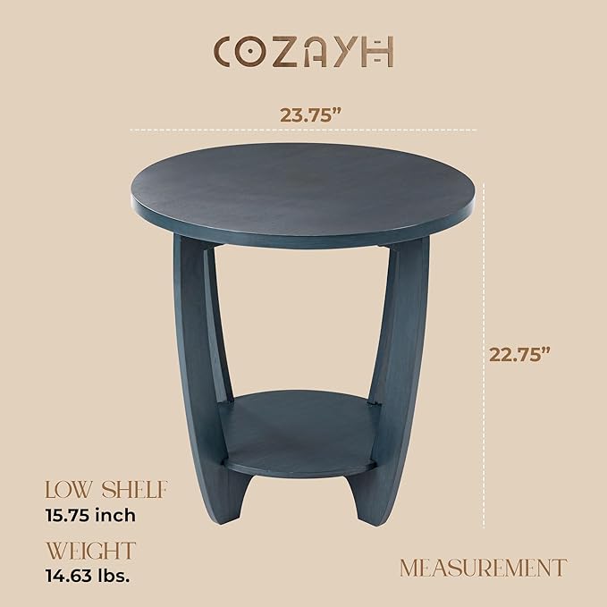 COZAYH Rustic Farmhouse End Table with Storage Shelf, French Country Modern Round Accent Side Table for Small Spaces, Vintage Blue Finish