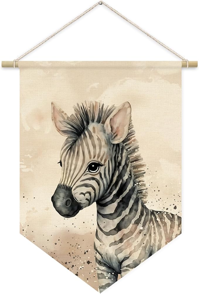 Safari Nursery Decor, Zebra Watercolor Wall Art Canvas Banner, Woodland Nursery Decor, Watercolor Animal for Toddler Room, Cute Zebra Canvas Hanging Pennant Flag Banner, Gift for Baby Girl Boy