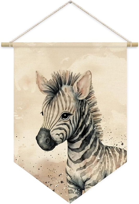 Safari Nursery Decor, Zebra Watercolor Wall Art Canvas Banner, Woodland Nursery Decor, Watercolor Animal for Toddler Room, Cute Zebra Canvas Hanging Pennant Flag Banner, Gift for Baby Girl Boy