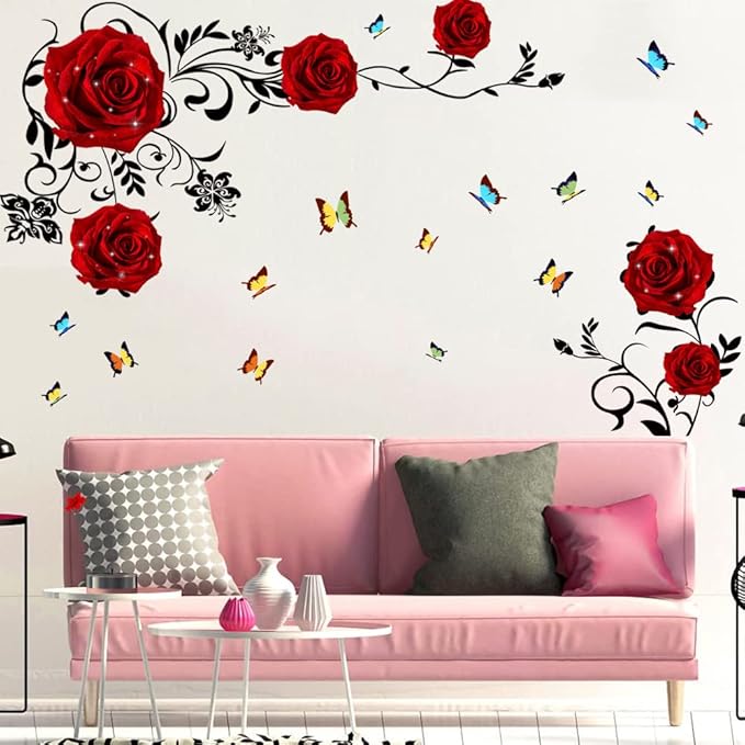 Supzone Red Rose Wall Stickers - DIY Vinyl Mural Art for Bedroom, Living Room, Sofa Backdrop & TV Wall Decoration